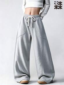 mulinsen Women's Heather Gray Curved Seam Loose Fit Sweatpants, Elastic Drawstring Waist, Casual Athletic Pants - Light Grey - View 8