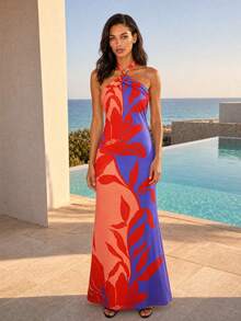 Dancing Leopard Red And Blue Floral Halterneck Maxi Dress, Wedding Guest Occasion Wear - Multicolor - View 1