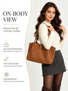 2pcs Brown Faux Suede Tote Bag Set, Women's Large Capacity Shoulder Handbag With Storage Bag, Casual Commute Work Bag, Autumn/Winter Daily Use - Evonik - View 4