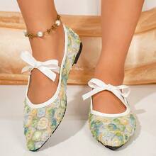 Spring/Autumn Pointed Toe Low-Top White Satin Bow Mesh Flat Ballet Shoes For Women, Comfortable And Versatile, Suitable For Commuting, Dating, Office - Sprout Green - View 7