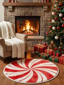 Karpet Bulat Berumbai Warna Burgundy untuk Natal, Motif Kotak-kotak, Boneka Salju, Kue Jahe, Hadiah Permen Tongkat, Karpet Mewah - Merah - View 3