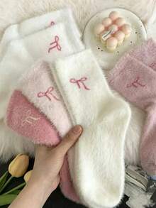 15/10/5/3/1 Pairs Bow Pattern Fuzzy Over-The-Knee Socks For Women, Warm And Soft, Suitable For Autumn/Winter, Also An Ideal Gift. Women's Autumn Socks, Fuzzy Socks, Autumn, Winter, Christmas, Halloween Special Offer, Long Socks - Multicolor - View 3