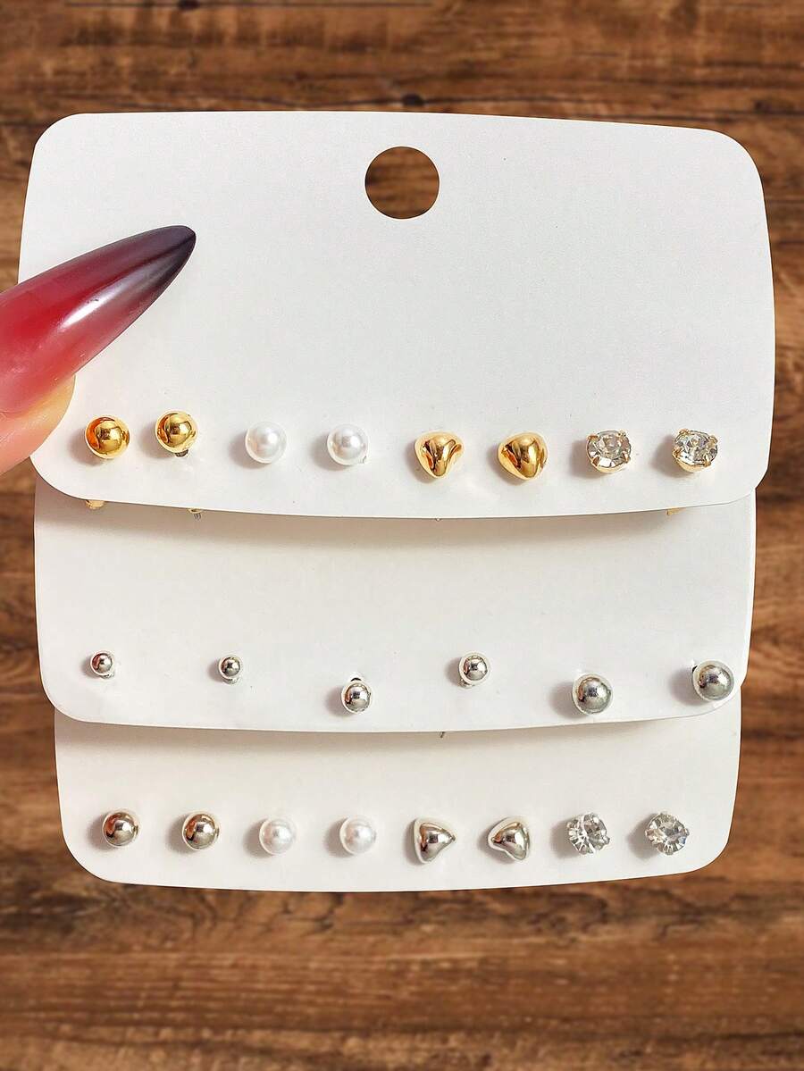 11pcs/Set Fashionable Personalized Pearl Geometric Round Stud Earrings, Sweet Romantic Multi-Style Ear Jewelry For Women And Girls, Card Packaging, Pearl Rhinestone Of Various Sizes, Western Style, Suitable For Party, Banquet, Travel, Vacation And Birthday Gift Occasions - Multicolor - View 1