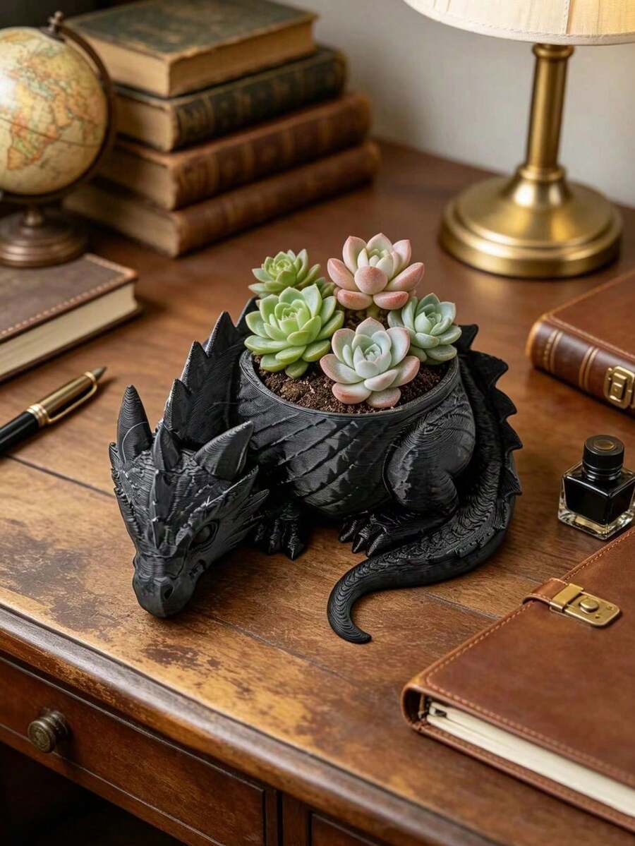 1pc Black/White 3D Printed (Plastic Material) Mini Fantasy Dragon Guardian Planter, Creative Succulent Green Plant Pot, Desktop Decoration Ornament, Bar/Desk/Tabletop Art Decor