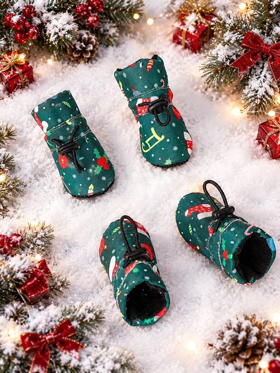 1 Set 4pcs Christmas Style Pet Shoes, Green Christmas Socks With Candy Print Fleece Lining Warm Boots, Adjustable Drawstring Non-Slip Christmas Shoes, Suitable For Small Dogs And Cats - Green - View 1