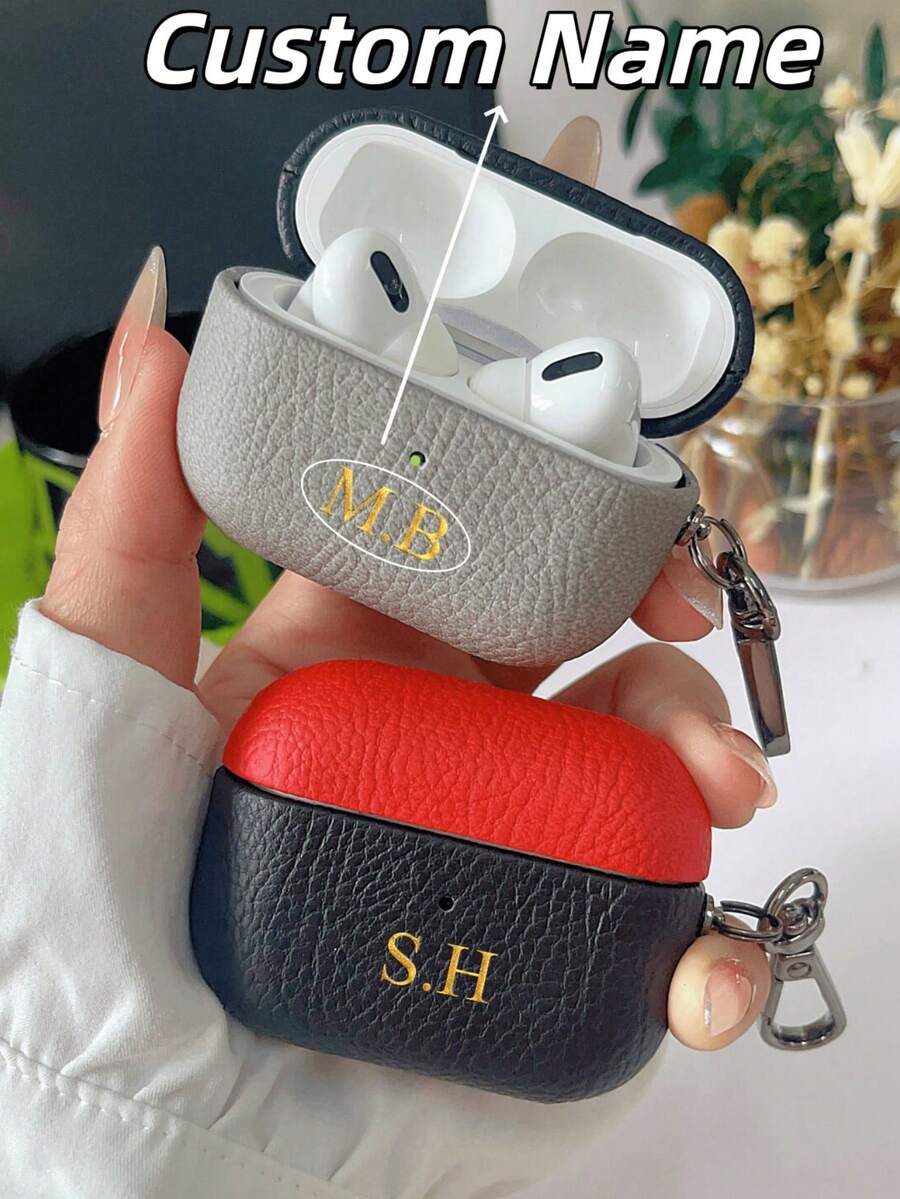 [Customized]Personalized Initials Letters Customize Lychee Pattern Earphone DIY Earphone Case Compatible With Airpods 1 2 3 4 Pro 2 Pro 3 Simple Solid Color Cover Anti-Drop