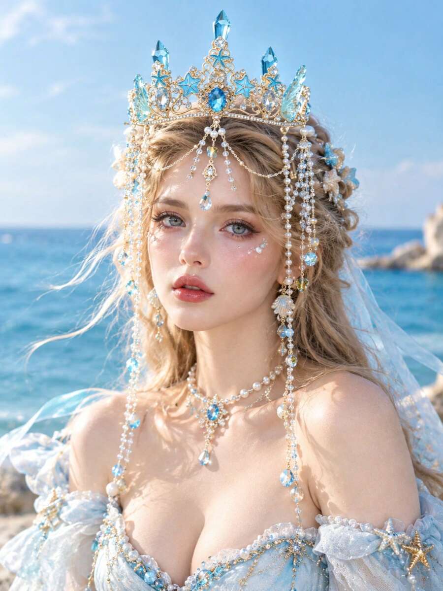 1件裝美人魚貝殼皇冠流蘇髮飾,新娘水晶珍珠髮箍,海洋主題婚禮女性髮飾,海灘婚禮派對髮飾 - 深藍色 - 查看 1