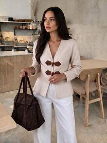 Vuslat Women's Autumn Vintage Horn Button Long Sleeve Open Front Overcoat, Suitable For Daily Wear, Back To School, Party, Halloween - Apricot - View 3