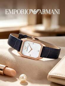 Armani Ladies Octagonal Quartz Watch, Mother-Of-Pearl Dial, Crystal Bezel, Navy Blue Crocodile Embossed Leather Strap 30m Waterproof AR11466 - Gold - View 2
