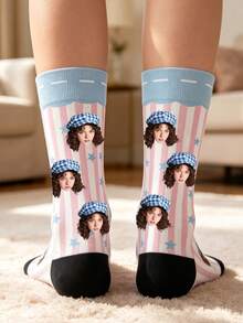 Custom Face Photo Crew Socks, Personalized Image Custom Socks, Heart Stripe Bow & Pet Paw Print, Novelty Gift For Birthday Valentine's Day - Multicolor - View 2