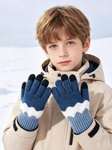 1 Pair Boys Wavy Color Block Knit Screen Gloves, Soft Warm Full‑Finger Gloves For Kid Winter Daily Outdoor Activities - 1Pair - View 4
