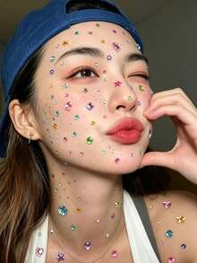 1pc Colorful Heart & Star Face Decoration Stickers, Multi-Specification Rhinestone Combination Elements, Convenient Self-Adhesive Glue-Free, Music Festival Carnival Photo Shoot Atmosphere Face Makeup Stickers, Comic Convention Photo Shoot Makeup Decoration Stickers, Eye Area Colorful Rhinestone Embellishment Stickers - Multicolor - View 2