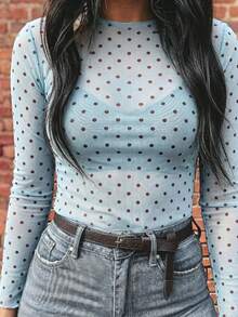 Atasan Wanita Ukuran Plus Motif Leopard Jala Kerah Tinggi Seksi Pas Badan Lengan Panjang Warna Cokelat, Cocok untuk Pemakaian Sehari-hari, Musim Semi dan Musim Gugur - MultiWarna - View 5