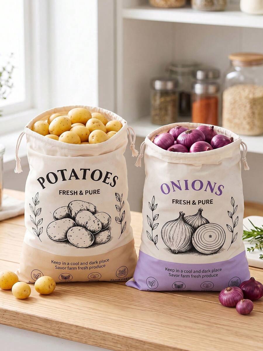 2pcs Vegetable Storage Bags For Potatoes & Onions - Breathable Polyester With Secure Drawstring Closure, Freshness Keeper For Kitchen & Pantry Organization, Durable Rectangular Design, Potato And Onion Storage - Multicolor - View 1
