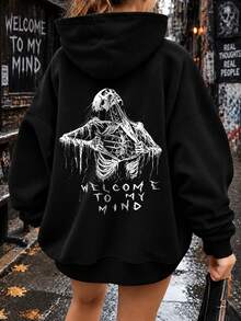Street Style Skull Print Plus Size Pullover Sweatshirt, Long Sleeve Drawstring Pullover Sweatshirt Casual Black - Black - View 1
