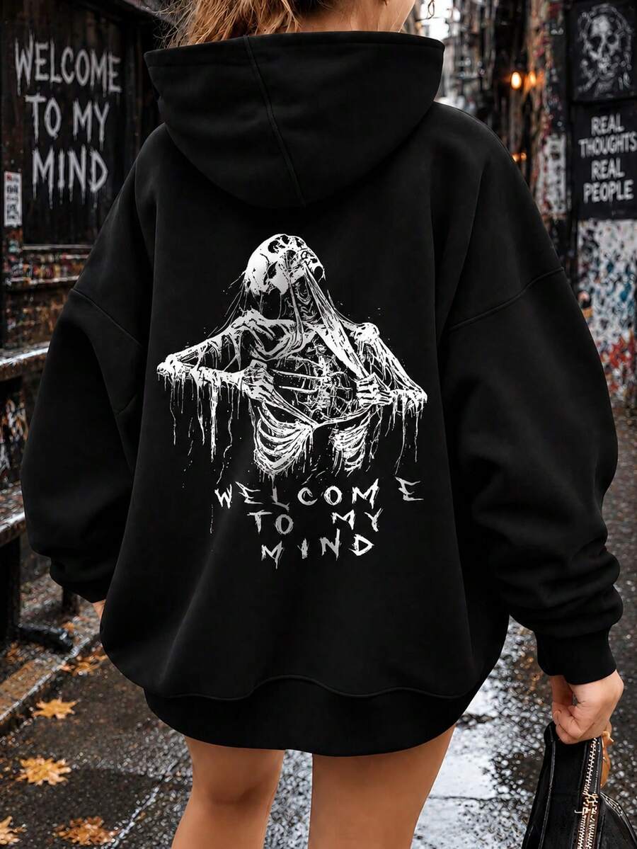 Street Style Skull Print Plus Size Pullover Sweatshirt, Long Sleeve Drawstring Pullover Sweatshirt Casual Black - Black - View 1