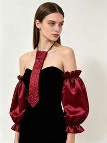 1set Burgundy Satin Detachable Petal Sleeve Cuffs And Rhinestone Decor Neck Tie Set Elegant Accessory For Evening Prom Wedding Party Formal Cosplay - A - View 5