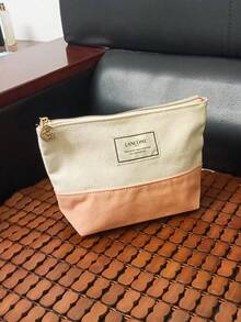 Lancôme Color-Block Canvas Zipper Makeup Bag, Large Capacity Portable Toiletry Bag With Rose Pendant, Commuter Travel Daily Beauty Storage Pouch, Gentle Minimalist Style, Perfect Gift For Bestie Birthday Anniversary Holiday - White + Pink - View 5