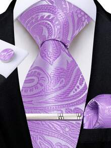 Light Purple Paisley Pattern Men's Tie 4pcs Set Handkerchief Cufflinks Silver Tie Clip Evening Party Accessories - Mauve Purple - View 1