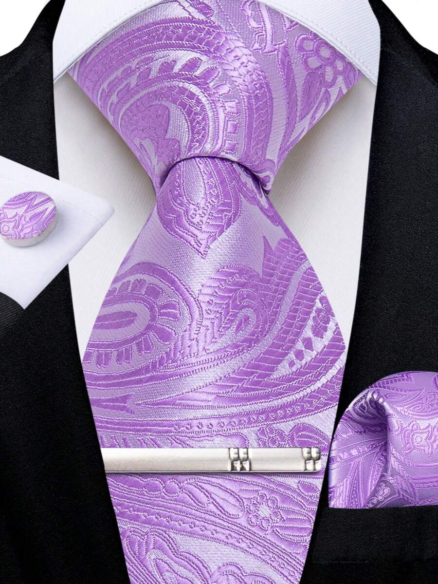 Light Purple Paisley Pattern Men's Tie 4pcs Set Handkerchief Cufflinks Silver Tie Clip Evening Party Accessories - Mauve Purple - View 1