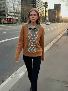 Women's Argyle Pattern 2 In 1 Collar Knit Sweater, Long Sleeve Button Placket Preppy Pullover - Brown - View 5