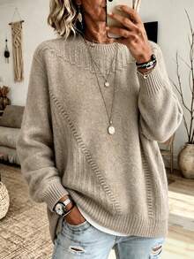 Plus Size Solid Color Turtleneck Knit Sweater Long Sleeve Casual Pullover Elegant Warm Spring Winter Daily Wear And Vacation Fall - Khaki - View 1