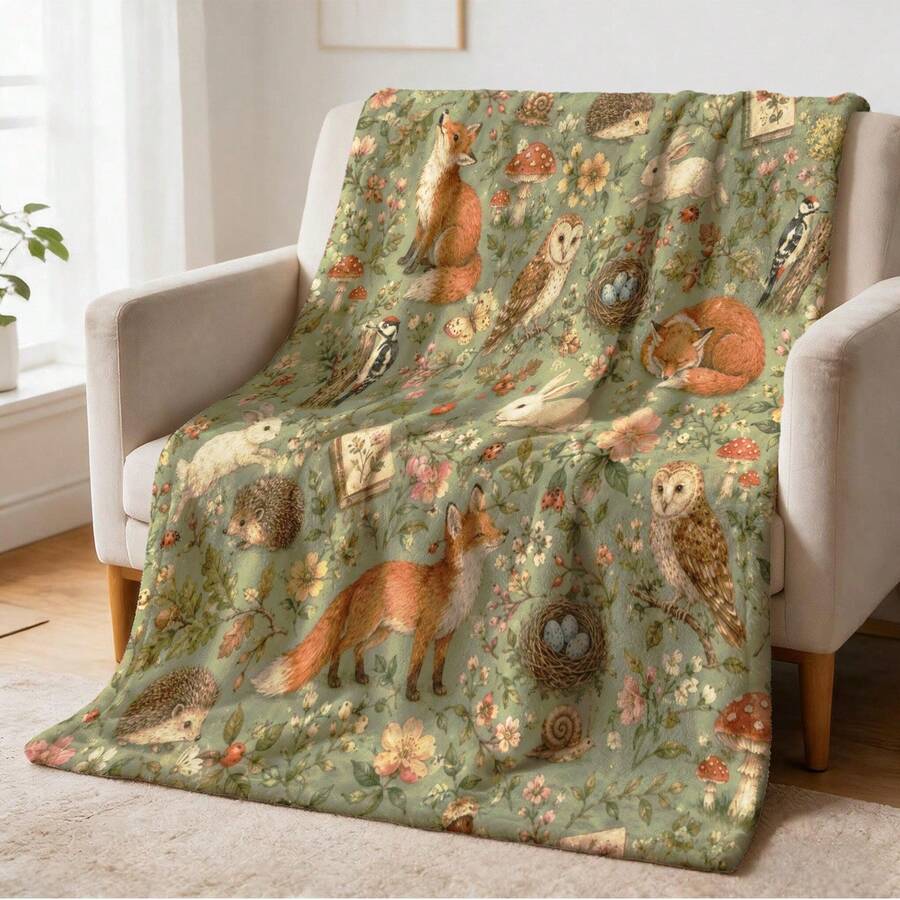 Vintage Forest Animal Printed Flannel Blanket, Soft Cozy Throw Blanket, Autumn Home Decor - Multicolor - View 1