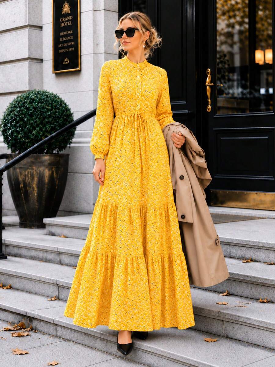 Women's A-Line Floral Maxi Dress With Long Sleeves - Yellow - View 1