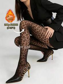 1pc Women Leopard Print Fleece Lined Tights,200g Fleece,For 0‑15℃,Stretchy Warm Patterned Pantyhose,Winter Daily Wear - Multicolor - View 4