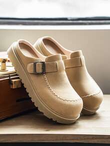 Men's Thick Sole Closed Toe Mule Sandals, Suede Leather Metal Buckle Contrast Stitching, Height Increasing Slimming Anti-Slip Wear-Resistant Summer Outdoor Beach Versatile Casual Comfortable Slippers - Khaki - View 7