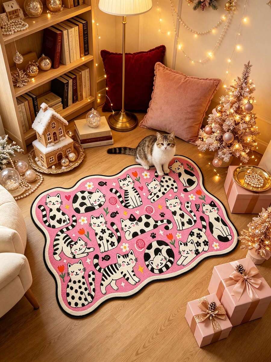 1pc Beige Cartoon Cat Wavy Edge Doormat, Welcome Mat, Rug, Home Decor, Front Door Mat, Area Rug, Washable Carpet - Multicolor - View 1