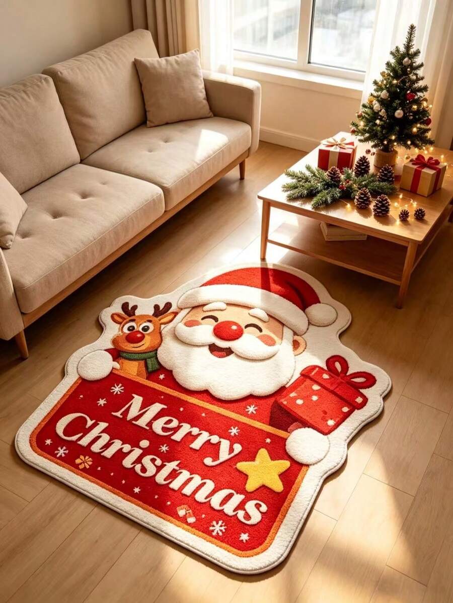 1pc Q-Version Santa Claus & Cute Reindeer Shaped Rug, Faux Wool, Decorative Rug, Bedroom Decor, Small Rug, Rug, Home Decor, Living Room Rug, Living Room Small Rug, Bedroom Rug, Living Room Home Decor, Outdoor Rug, Washable Rug - Multicolor - View 1