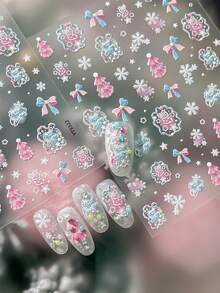 Sweet Girl Embossed Christmas Nail Stickers, Powder Blue Christmas Tree, Snowflake, Bow, Girly Style Nail Decals - Multicolor - View 1