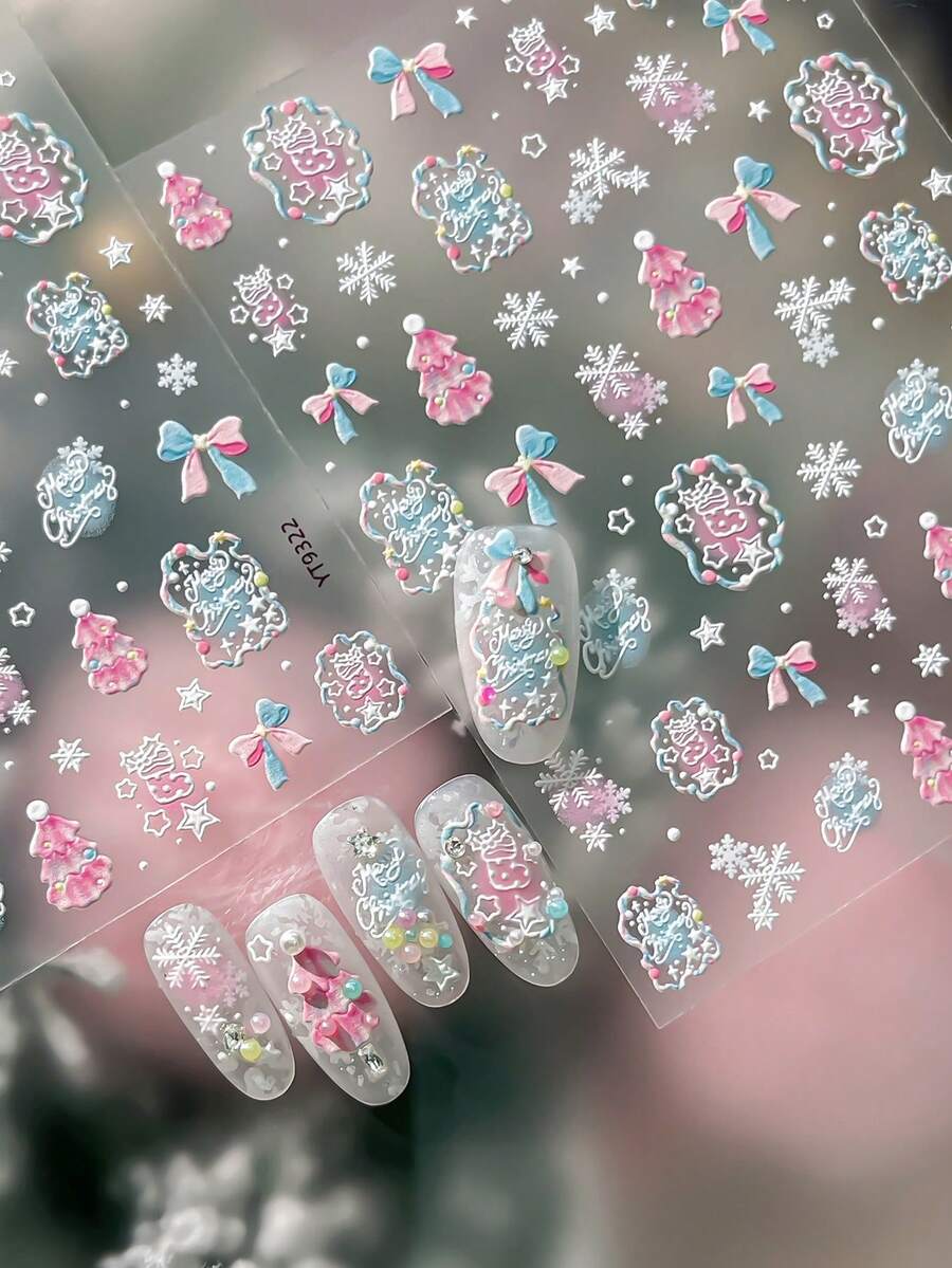 Sweet Girl Embossed Christmas Nail Stickers, Powder Blue Christmas Tree, Snowflake, Bow, Girly Style Nail Decals - Multicolor - View 1