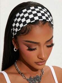 1pc Women's Checkerboard Headband, Black & White Checkerboard Wide Elastic Hair Hoop, Retro Y2K Non-Slip Hair Accessory, Holiday Autumn Style - Multicolor - View 1