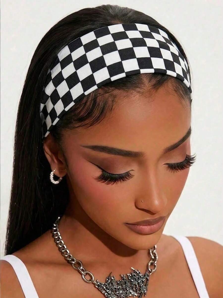1pc Women's Checkerboard Headband, Black & White Checkerboard Wide Elastic Hair Hoop, Retro Y2K Non-Slip Hair Accessory, Holiday Autumn Style - Multicolor - View 1