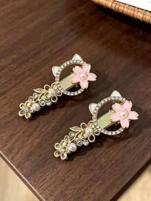 2 kẹp tóc mái nữ hình mèo dễ thương đính đá rhinestone và hoa giọt dầu, kẹp tóc bên bằng kim loại sang trọng phối ngọc trai - Nhiều màu - Xem 2