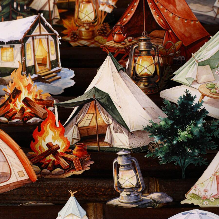 10 Sheets/Bag Sticker Pack Camping Series Tent & Campfire Theme PET ...