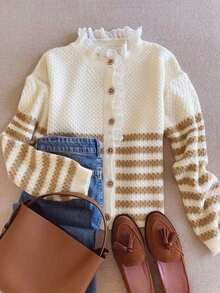 Women's Autumn/Winter Casual Loose Fit Versatile Lace Patchwork Striped Colorblock Button Knit Cardigan - White - View 1