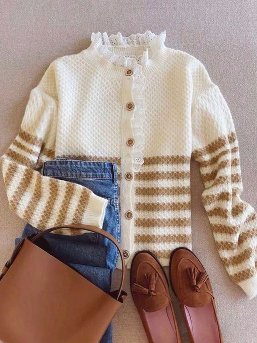 Women's Autumn/Winter Casual Loose Fit Versatile Lace Patchwork Striped Colorblock Button Knit Cardigan - White - View 1