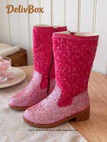 Rose Red Full Sequin Glitter Girls Mid-Calf Boots, Convenient Side Zipper Chunky Heel Princess Boots, Birthday Party Stage Performance Shoes - Rose Red - View 3