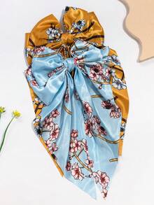 2pcs Blue & Yellow Floral Print Bow Ribbon Spring Clip Extra Large Women's Decorative Hair Clips Hair Accessories - Multicolor - View 6