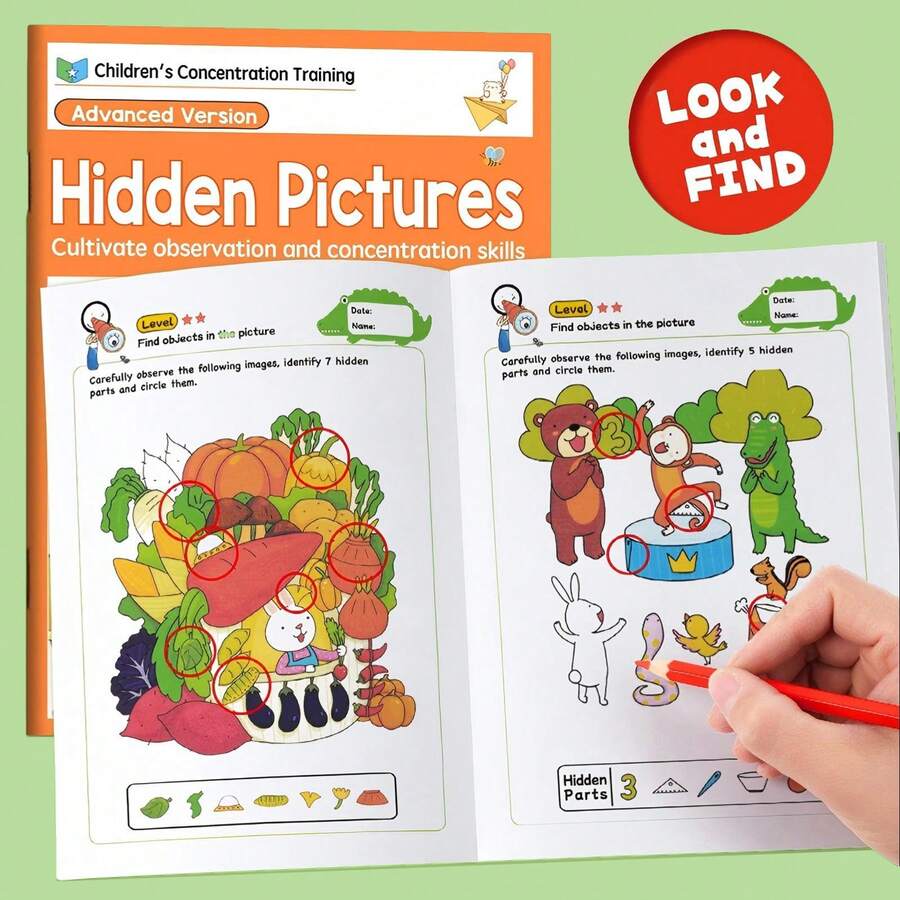 32 Pages Hidden Pictures Book, Find Hidden Objects & Matching Game, Attention & Concentration Training, Visual Perception, Preschool Activity