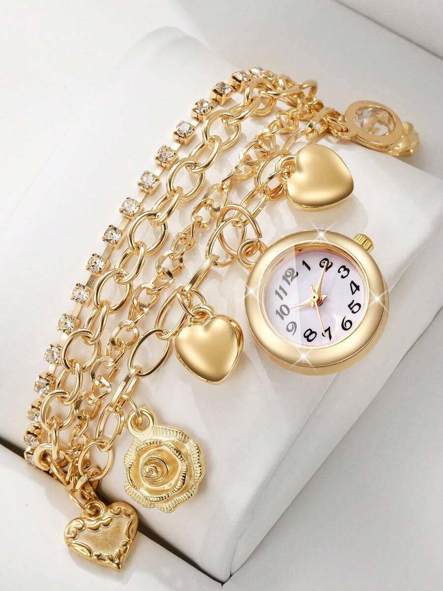 Women's Luxury Multi-Layer Chain Pendant Wristwatch, Heart & Flower Charm Rhinestone Bracelet Quartz Watch, Gift For Girlfriend (1pc/Set) Watch Box Not Included - Gold - View 1