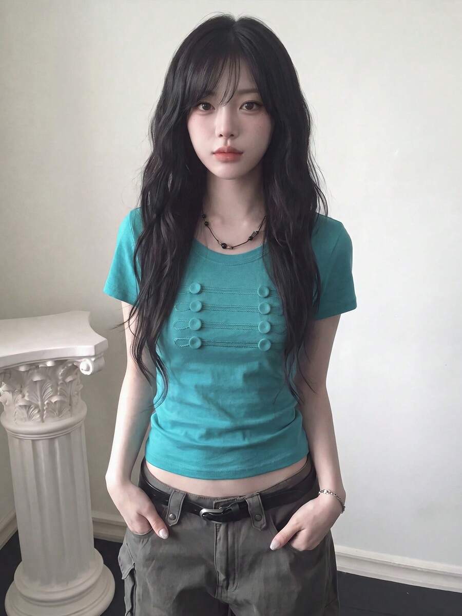 Korean Style Embroidered Napoleon Button Square Shoulder Short Sleeve T-Shirt, Casual Summer Style - Mint Blue - View 1