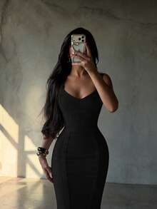 Women's Summer Spaghetti Strap Patchwork Sexy Ribbed Bandage Elegant Backless Black Mid-Length Fitted Dress, Suitable For Outings, Evening Parties, Cocktail Events - Black - View 4