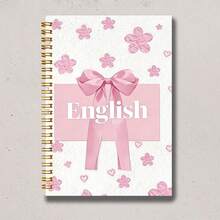 1pc A5 English Golden Spiral Notebook 100 Pages Pink Bow Flower Heart Texture Cover Wire Bound Notepad, Sweet Coquette Aesthetic Student Journal - Lined Notebook - View 5