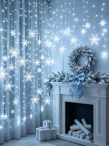 1PC Large Snowflake Icicle String Light, Christmas Curtain LED Fairy Light, 8 Flashing Light Modes, Indoor Decoration, Bedroom, Party, Home Christmas Tree Decoration, Holiday Party, Gift - Snowflake Curtain Lights - View 9