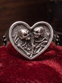 1pc Unisex Vintage Oxidized Silver Heart Shaped Double Skull Bone Signet Ring, G Retro Dark Alternative Jewelry For Daily Wear Halloween Party Biker - Silver - View 3