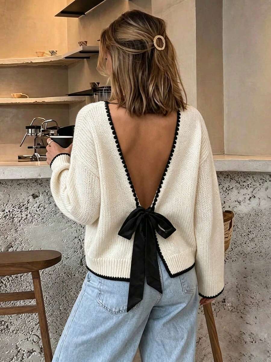 NOVELLE Damen eleganter lässiger weißer Strickpullover mit Ärmeln für Herbst/Winter, rückenfrei V-Ausschnitt Schleife Preppy-Stil Top, geeignet für Date und Party - Weiss - Übersicht 1